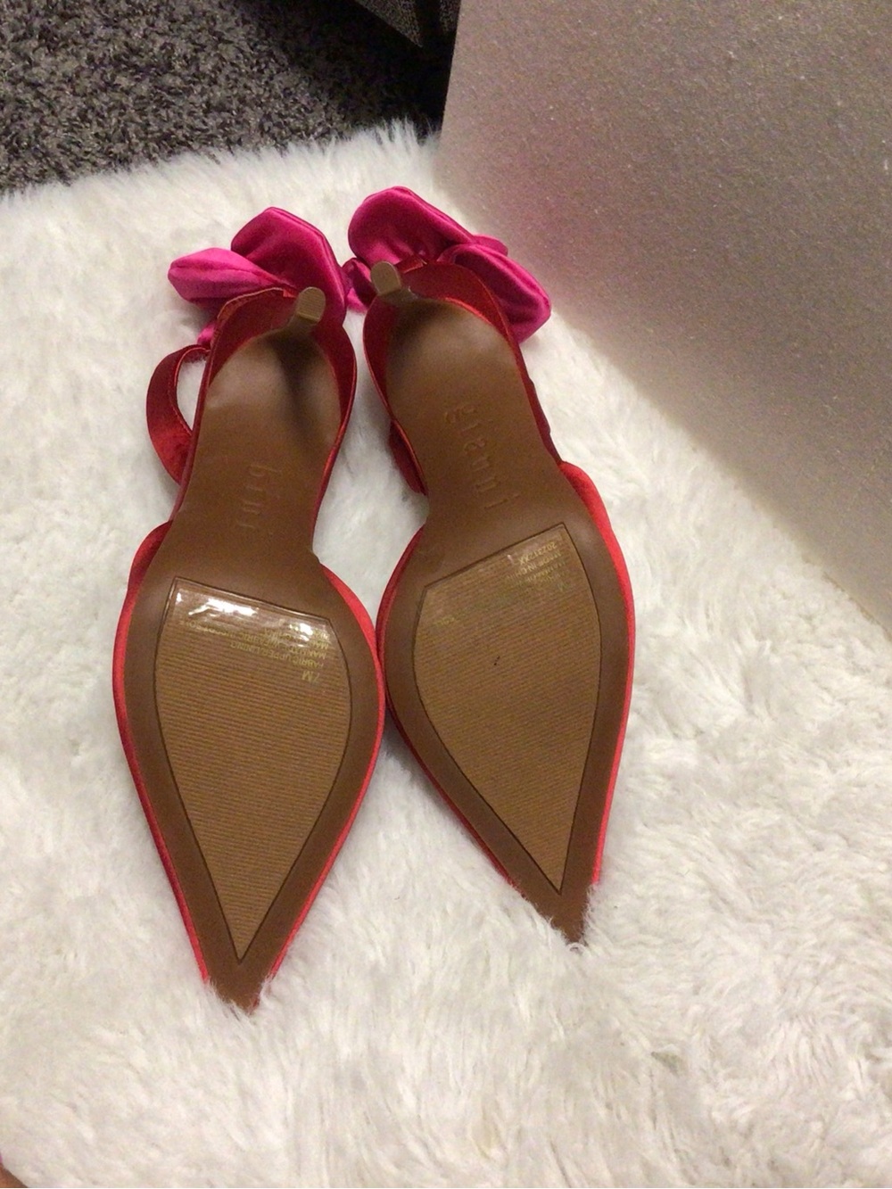 Gianni Bini Red Satin Pointed-Toe Heels with Pink Floral Ankle Accent - Picture 2 of 5